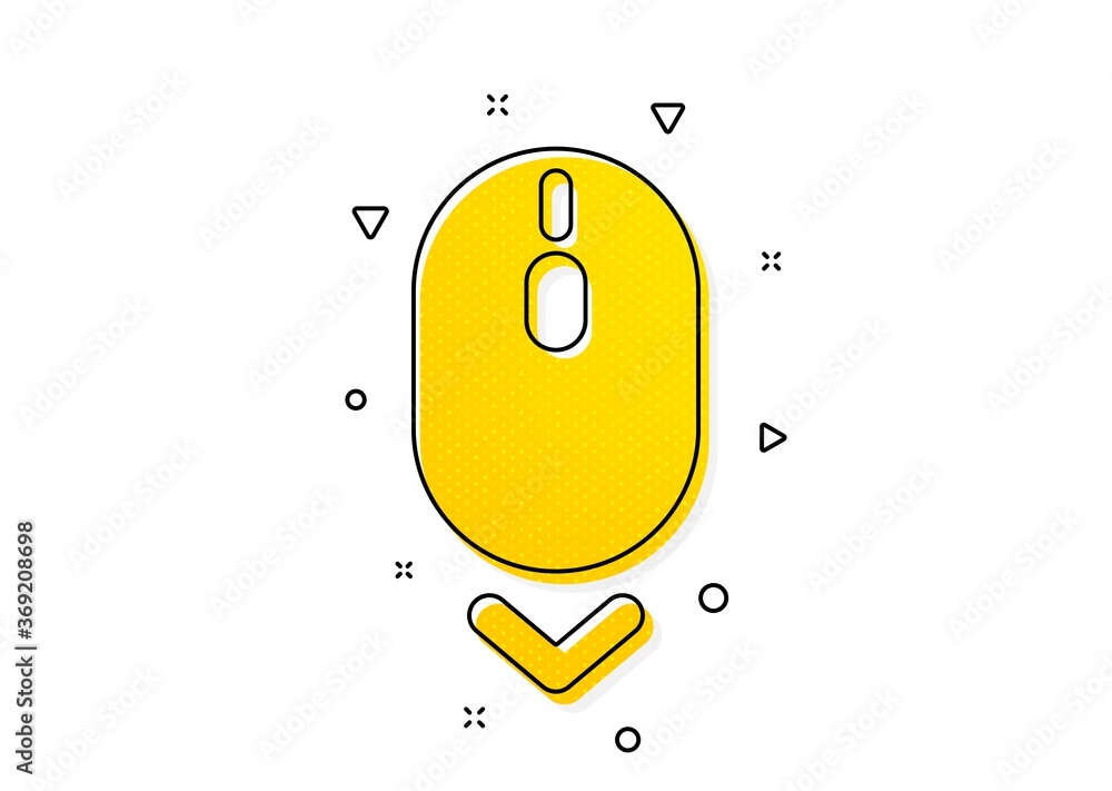Poster Scrolling screen sign. Scroll down mouse icon. Swipe page. Yellow circles pattern. Classic scroll down icon. Geometric elements. Vector
