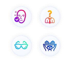 Fototapeta na wymiar Health skin, Eyeglasses and Hiring employees icons simple set. Button with halftone dots. Hold box sign. Clean face, Optometry, Human resources. Delivery parcel. People set. Vector