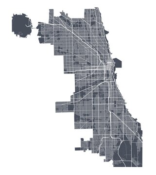 Chicago map. Detailed map of Chicago city poster with streets. Dark vector.