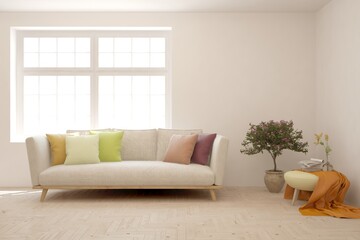 Fototapeta premium White living room with sofa. Scandinavian interior design. 3D illustration