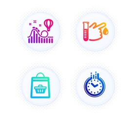 Blood donation, Online buying and Roller coaster icons simple set. Button with halftone dots. Time sign. Medicine analyze, Shopping cart, Attraction park. Clock. Business set. Vector