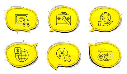 User sign. Diploma certificate, save planet chat bubbles. World money, Tool case and Medical analytics line icons set. Global markets, Repair service, Medicine system. Project manager. Vector
