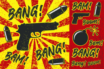 Simple cartoon style bomb, gun, bullet icon symbol. Explosion logo sign. Vector illustration image. Isolated on white background. Boom, bang, bam text.