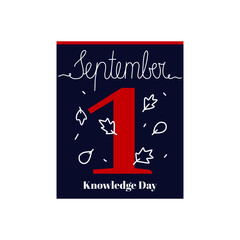 Calendar sheet, vector illustration on the theme of Knowledge Day on September 1. Decorated with a handwritten inscription SEPTEMBER and outline autumn leaves.