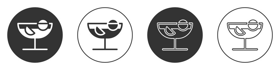 Black Cocktail icon isolated on white background. Circle button. Vector Illustration.