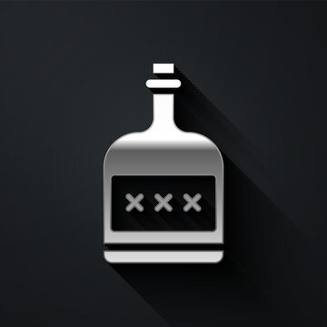 Silver Alcohol drink Rum bottle icon isolated on black background. Long shadow style. Vector Illustration.