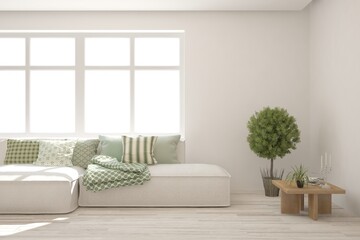 White living room with sofa. Scandinavian interior design. 3D illustration