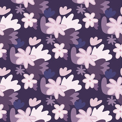 Fototapeta na wymiar Random seamless floral pattern with chamomile abstract shapes. Botanic backdrop in purple, pink, white tones.