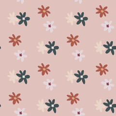 Pastel pale seamless pattern with flower figures. Pink background with blue and red floral elements.