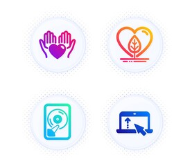 Hold heart, Hdd and Local grown icons simple set. Button with halftone dots. Swipe up sign. Care love, Memory disk, Organic tested. Scroll screen. Business set. Gradient flat hold heart icon. Vector