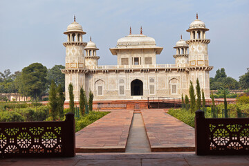 Fototapeta na wymiar Agra, Uttar Pradesh, India, January 2020, Front view, mausoleum of Etmaduddaula or Itmad-ud-Daula tomb often regarded as a draft of the Taj Mahal
