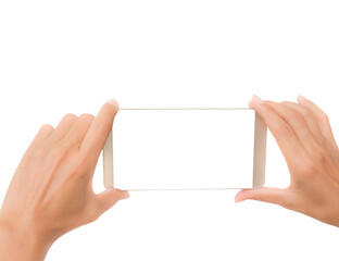 Mock up mobile concept. Hand woman holding mobile blank tuchscreen for add text. isolated on withe...