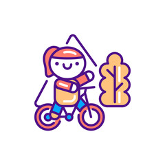 Cute girl on bicycle line color icon. Outdoor activities kawaii pictogram. Sign for web page, mobile app, button, logo. Vector isolated element. Editable stroke