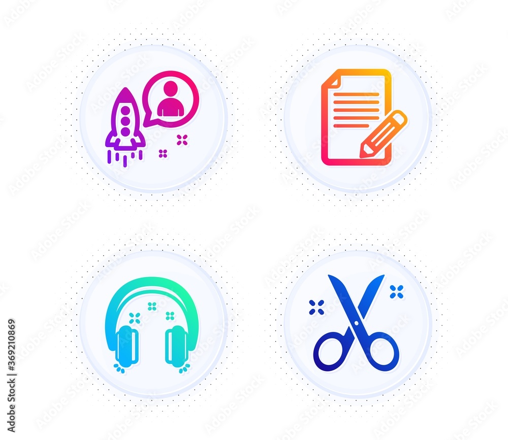 Aufkleber startup, article and headphones icons simple set. button with halftone dots. scissors sign. develope