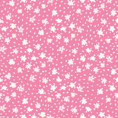 Little chamomile figures seamless pattern. Bright pink background with dots and white botanic elements.