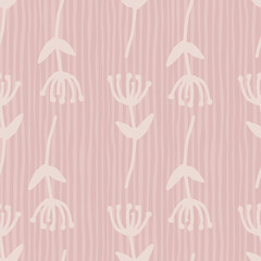 Nature seamless flowers shapes pattern. Floral motif in light tone on pink stripped background.