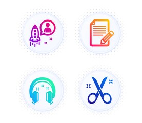 Startup, Article and Headphones icons simple set. Button with halftone dots. Scissors sign. Developer, Feedback, Earphones. Cutting tool. Education set. Gradient flat startup icon. Vector