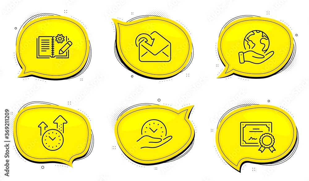 Poster engineering documentation sign. diploma certificate, save planet chat bubbles. safe time, time manag