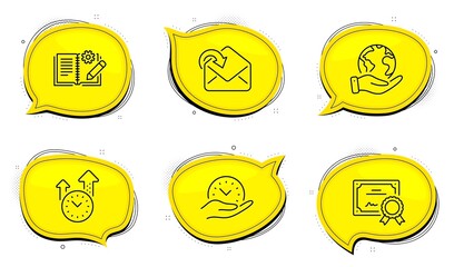 Engineering documentation sign. Diploma certificate, save planet chat bubbles. Safe time, Time management and Receive mail line icons set. Management, Office clock, Incoming message. Manual. Vector