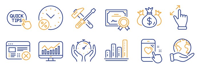 Set of Technology icons, such as Touchscreen gesture, Loan percent. Certificate, save planet. Hammer tool, Timer, Heart rating. Check investment, Quick tips, Reject web. Vector