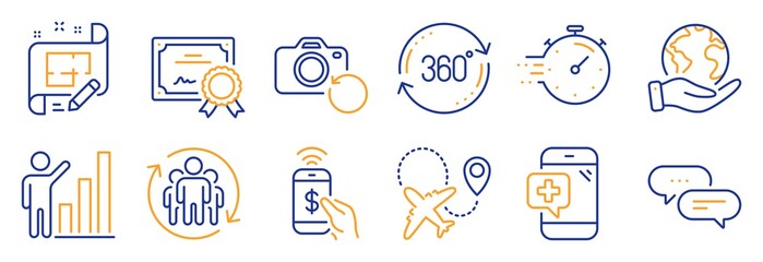 Set of Technology icons, such as Dots message, Airplane. Certificate, save planet. Architect plan, Medical phone, Recovery photo. Graph chart, Teamwork, Full rotation. Vector