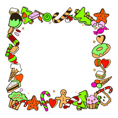 frame of Doodle sweets Christmas, new year. Bright greeting card greeting . Hand drawn isolated on a white background