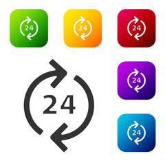 Black Telephone 24 hours support icon isolated on white background. All-day customer support call-center. Full time call services. Set icons in color square buttons. Vector Illustration.