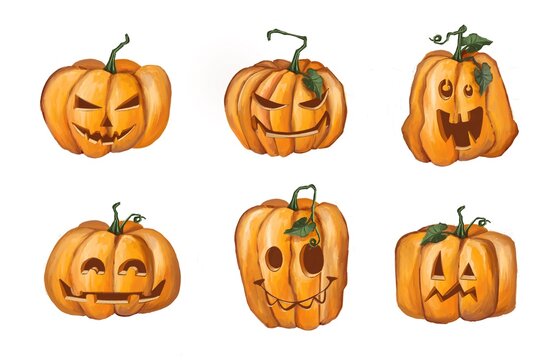 Cute halloween pumpkins. Isolated on white background. Flat style illustration.