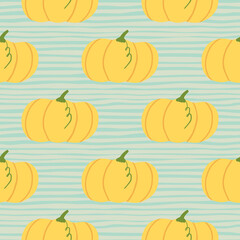 Hand drawn autumn seamless pumpkin pattern. Light orange elements on blue background with strips.