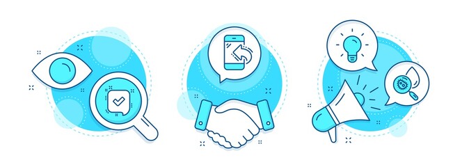 Light bulb, Water analysis and Incoming call line icons set. Handshake deal, research and promotion complex icons. Confirmed sign. Lamp energy, Aqua bacteria, Phone support. Accepted message. Vector