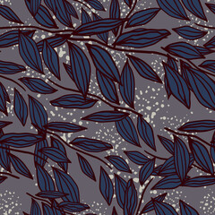 Outline foliage silhoettes seamless pattern. Navy blue botanic ornament on pale background with splashes.