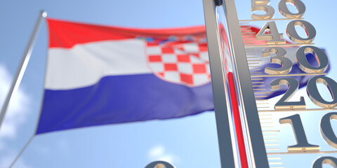 30 degrees centigrade on a thermometer measuring air temperature near flag of Croatia. Hot weather forecast related 3D rendering