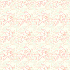 Simple seamless doodle pattern with outline foliage elements in pink rozy tones. Stylized creative hand drawn print.