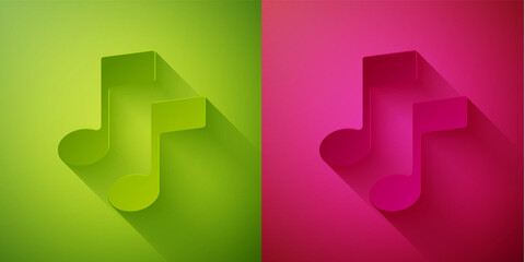 Paper cut Music note, tone icon isolated on green and pink background. Paper art style. Vector Illustration.