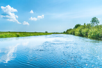 River landscape and green forest with trees blue water clouds on sky