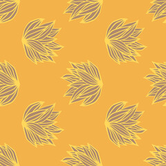 Seamless doodle pattern with foliage outline ornament. Orange background. Summer botanic print.