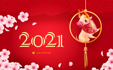 Chinese new year congratulation card, invitation, calendar design with traditional floral decor elements & oriental animal bull mascot character on red background. Vector realistic flat illustration.