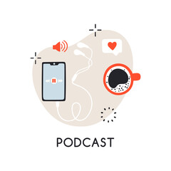 Concept vector design with smartphone, headphones and coffee. Podcast show emblem in trendy hand drawn style.