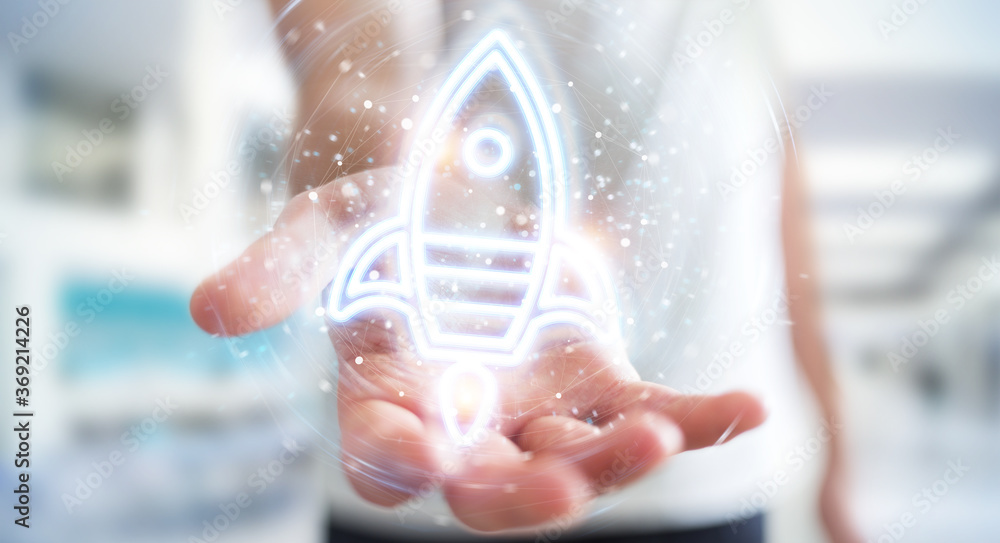 Aufkleber Man using startup digital neon interface 3D rendering