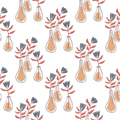 Isolated seamless pattern with flowers in a vase. White background, botanic ornament in orange and blue pastel colors.
