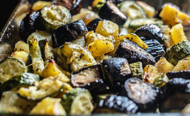 Hot delicious vegetables baked vegetables close up. Concept of healthy and seasonal dishes of fast preparation