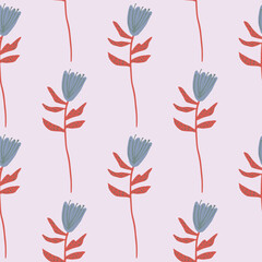 Flower silhouettes seamless pattern. Floral ornament with red twigs on pastel light blue background.