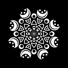 White mandala on a black background. Round pattern, floral ornament. Beautiful symmetrical element. Antistress, relaxation