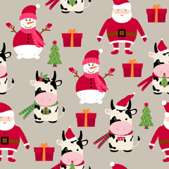 Seamless pattern with snowman, Santa Claus, cow (ox, bull), gift, Christmas tree. 2021 seamless holiday background. New year design. 2021 year of the ox. Seamless pattern with Christmas symbols