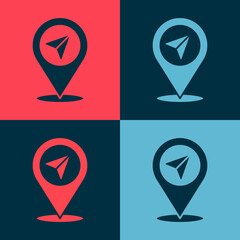 Pop art Map pin icon isolated on color background. Navigation, pointer, location, map, gps, direction, place, compass, search concept Vector Illustration