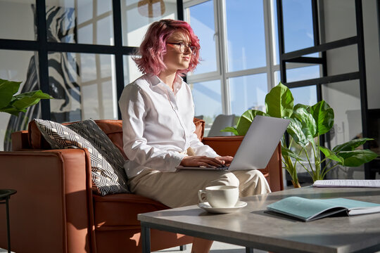 Creative young woman teen girl with pink hair using pc laptop computer working online, learning in internet, writing blog on modern tech device sit on sofa in modern home office, banner close up view.