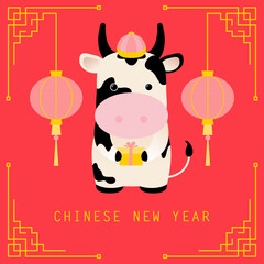 Chinese new year red background. 2021. Year of the ox. Cute cow. Happy new year. Chinese design with frame, lantern, cow. 2021 holiday background. Chinese holiday backdrop, cute cow