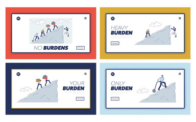 Obraz na płótnie Canvas Burden landing pages set with people carry burden to mountain cliff and fall
