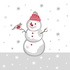 Vector illustration of a snowman in a hat with a bird on his hand branch. Winter illustration on which you can place your text. Banner, concept for Merry Christmas and Happy New Year greetings.