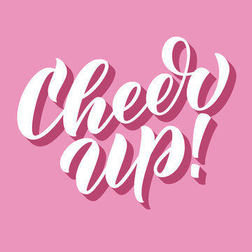 Cheer up! brush hand lettering, script calligraphy with 3d long shadow on pink background. Retro type vector illustration.